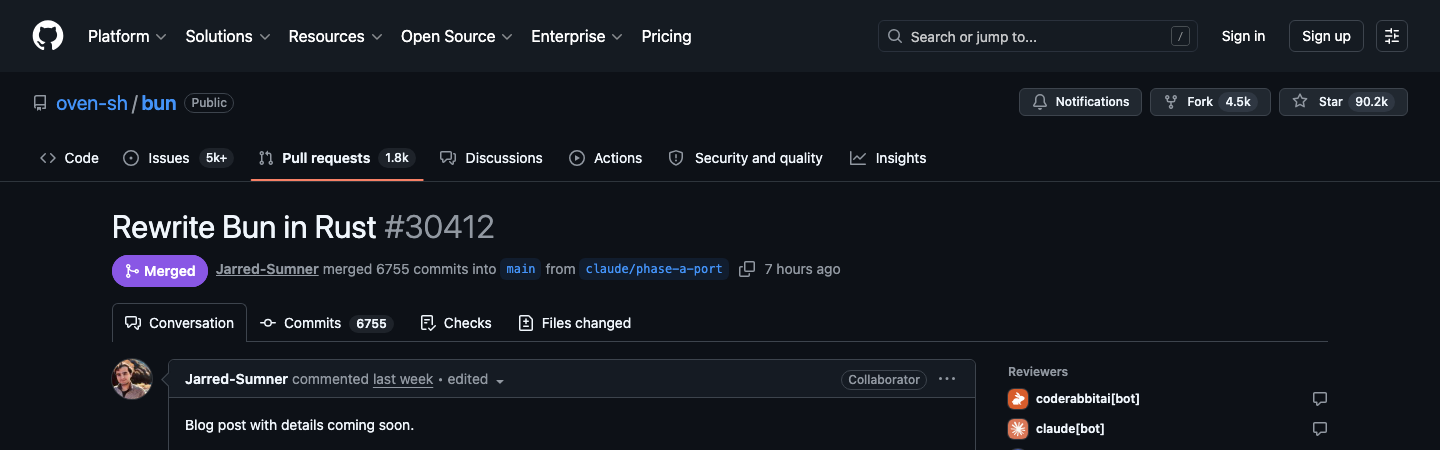 GitHub screenshot of Bun PR #30412, titled Rewrite Bun in Rust.