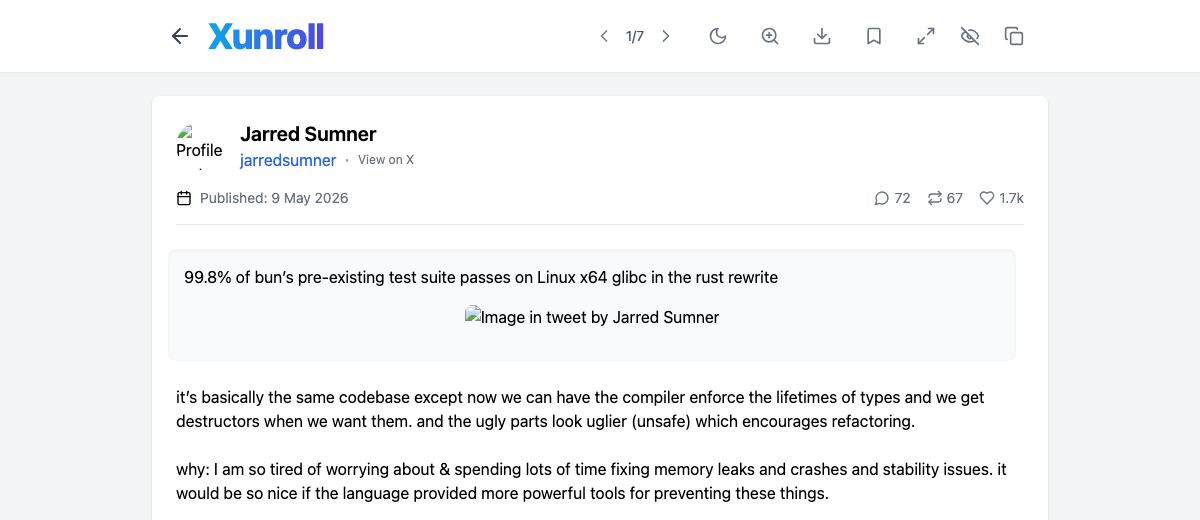 Text-only screenshot of Jarred Sumner's thread about the Bun Rust rewrite reaching 99.8 percent test compatibility.
