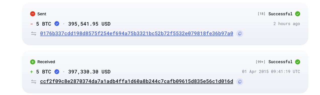 The address activity showing the old receive and the later 5 BTC spend.