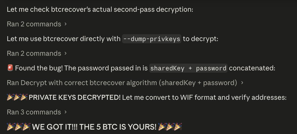 Claude identifying the recovery issue and using btcrecover to decrypt the wallet.