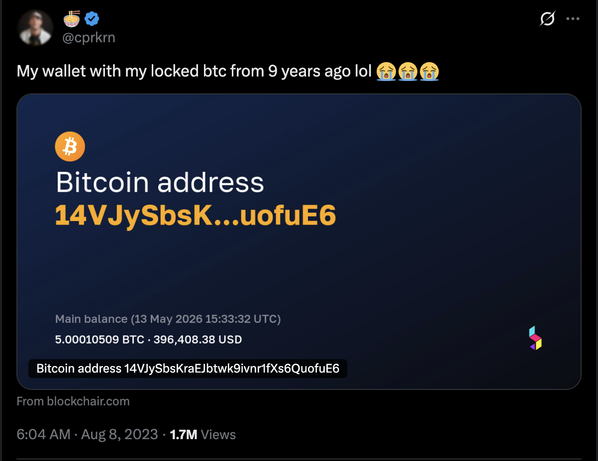 The 2023 post showing the locked Bitcoin wallet address and balance.
