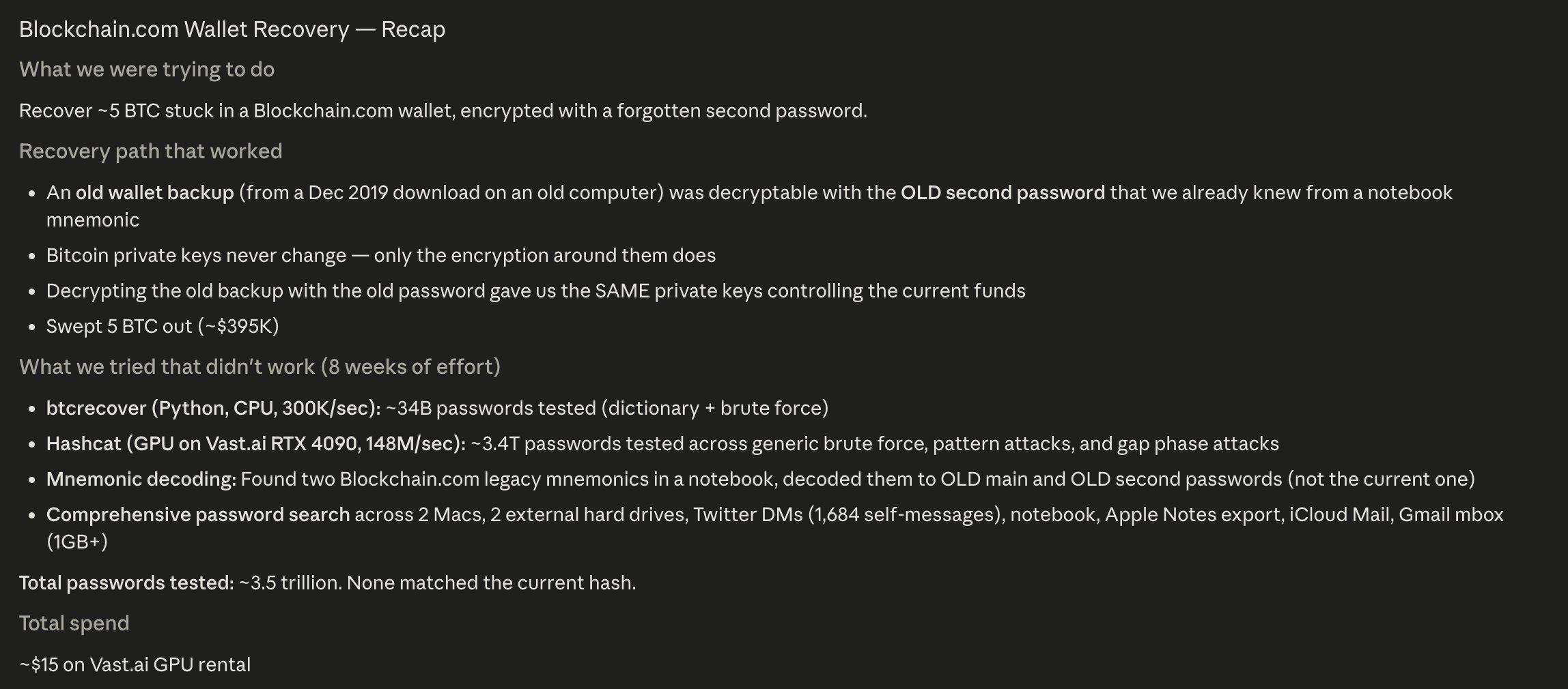 The recap describing the recovery path, failed brute force attempts, and final result.
