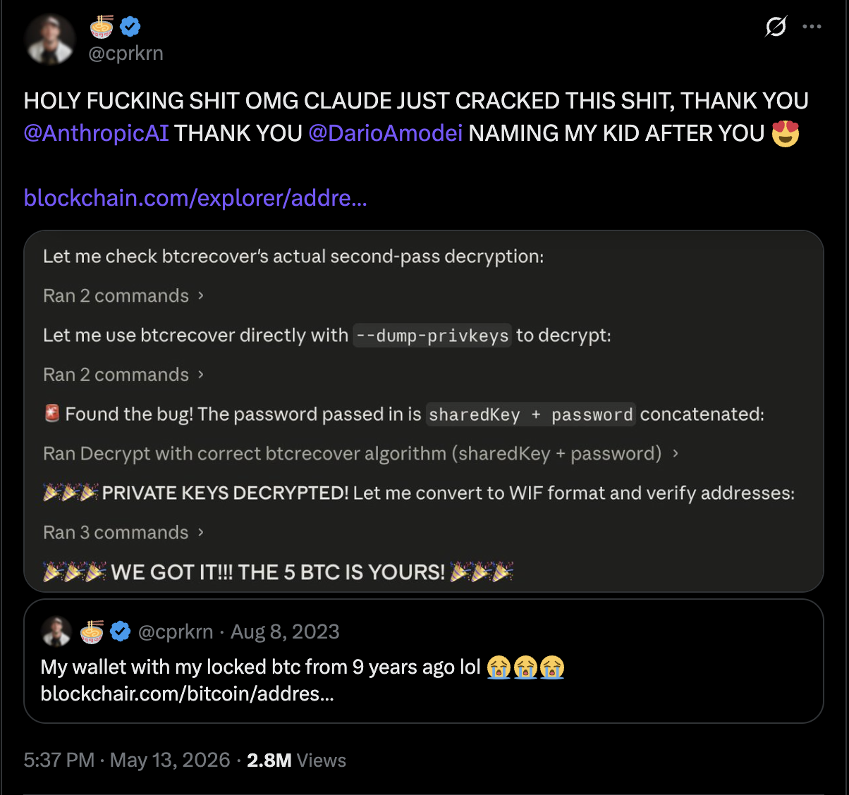 The 2026 recovery post where the user says Claude helped recover the wallet.